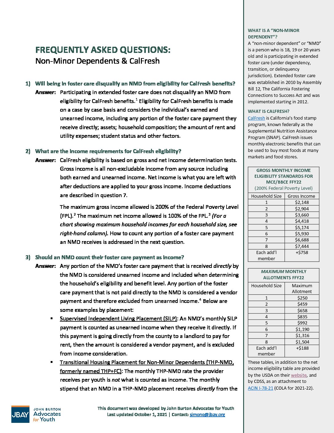 FAQ: Non-Minor Dependents & CalFresh | JBAY