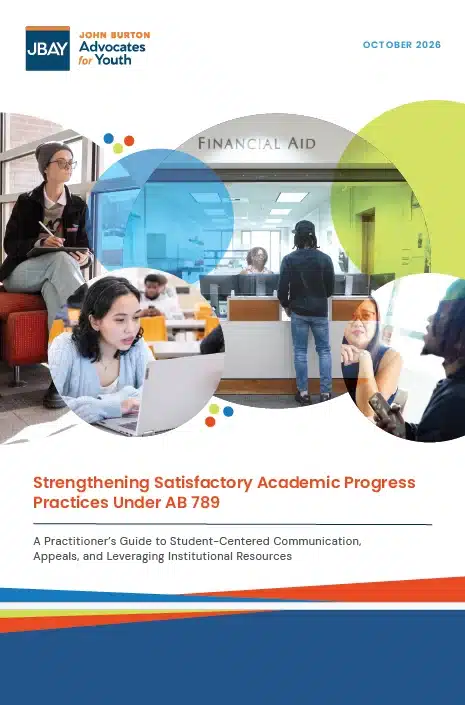 Cover of a financial aid guide featuring a financial aid office, students, the John Burton Advocates for Youth logo, and an October 2026 date.